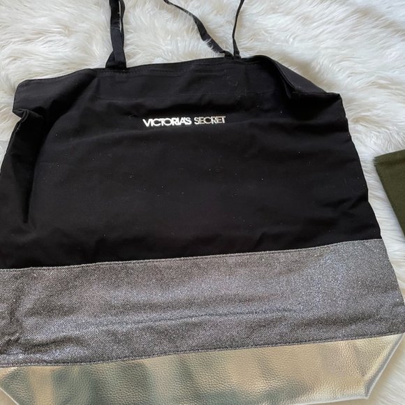 Victoria's Secret tote black with silver sparkle stripe and silver bottom - Picture 1 of 3